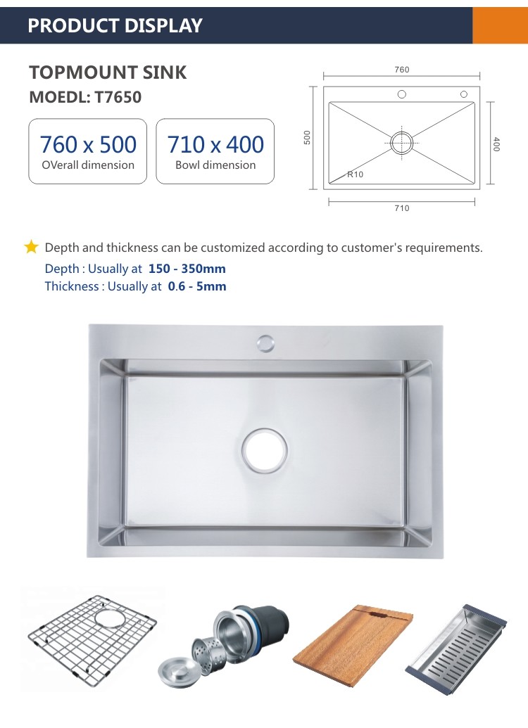 76x50 Topmount Stainless Steel Kitchen Sink Rectangular 16 Gauge