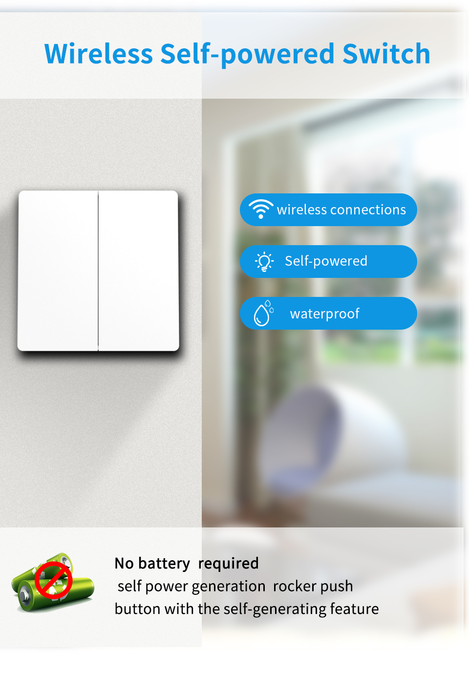 Wall Light Self Powered Wireless Switch Outdoor Waterproof Push Button Switch
