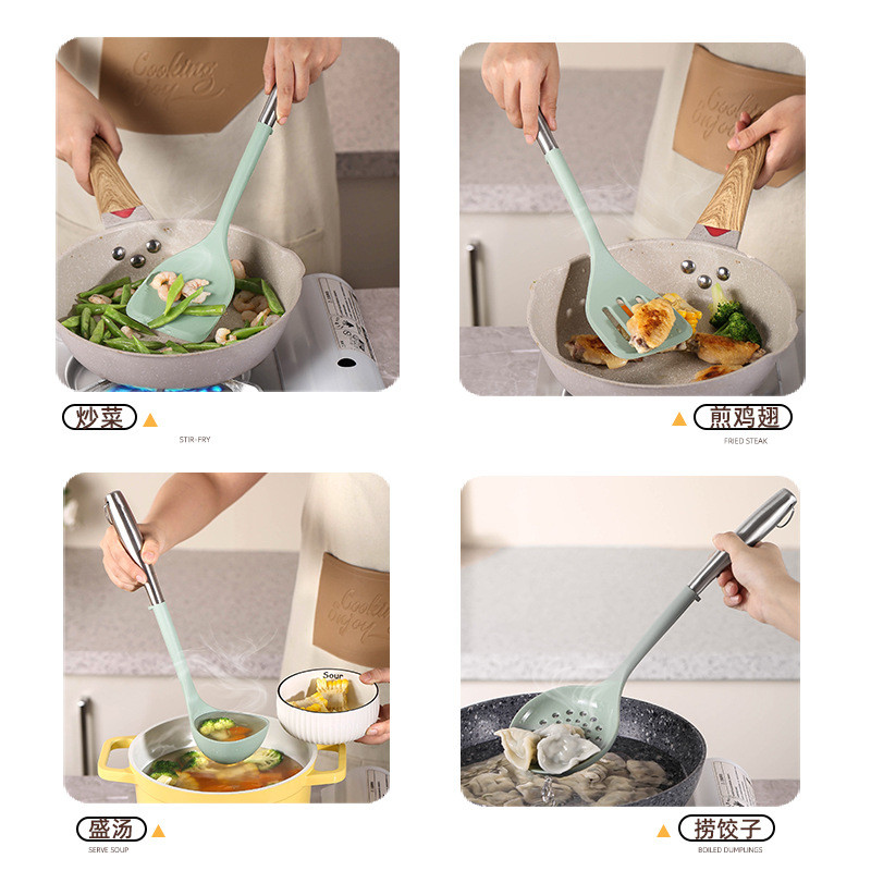5Pcs Non-stick Kitchen Utensil Silicone Cooking Utensil Set Silicone Cookware Kitchen Tools Gift with Stainless Handle
