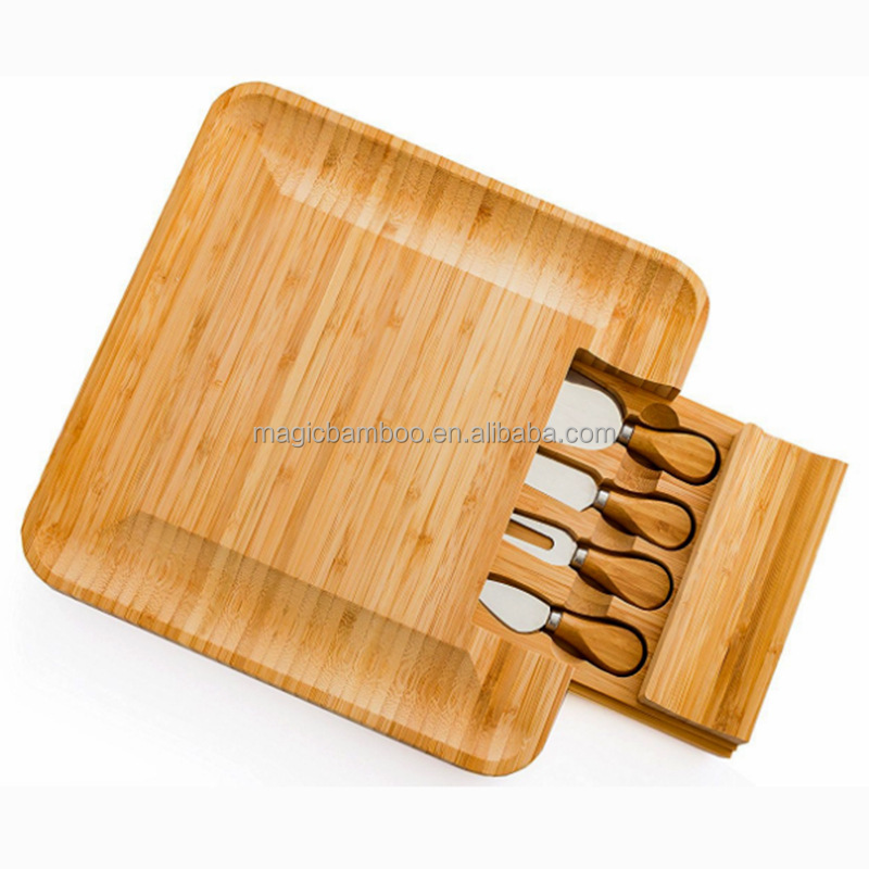 Custom Logo Rectangle Bamboo Meat Charcuterie Cheese Board with Knives Durable Knives