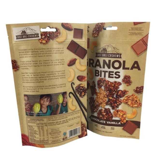 Snack Packaging Kraft Paper Pouch Zip Lock Gravnre Printing 180 Micron With Hand Hole