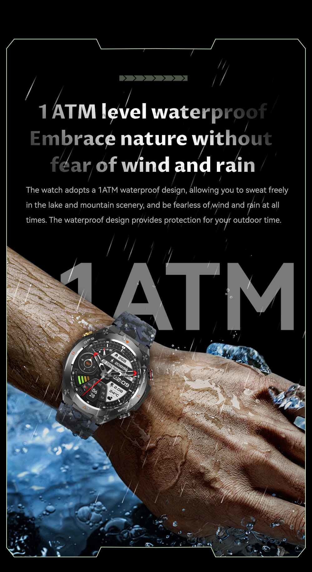 Men's KC82 Smart Watch Fitness Tracker Watch Waterproof 1ATM With Altitude Air Pressure
