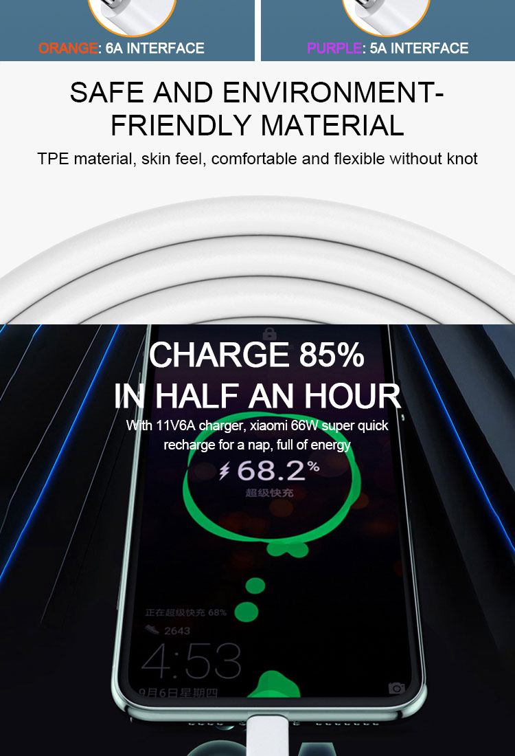 Super Fast Charging 6A Type C USB Data Charger Cable fo Mobile Phone