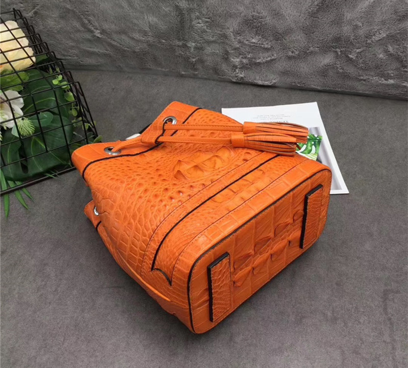 Authentic Crocodile Skin Drawstring Closure Women's Bucket Purse Exotic Alligator Leather Lady Small Tassel Shoulder Bag