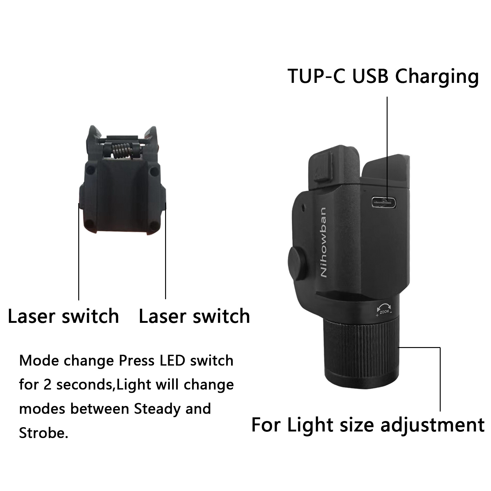 IPX4 Pistol Laser Flashlight 800 Lumens Rechargeable Tactical Laser Flashlight