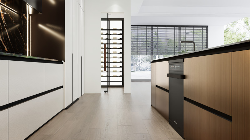 Luxury SS Modern Kitchen Cabinet With Multifunctional Curved Metallic Gold Island