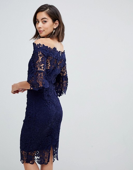 custom make off shoulder frill sleeve navy crochet dress
