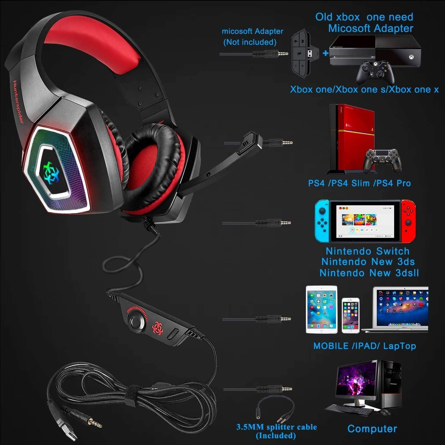 DC5V 117dB 2.2kohm Hunterspider V1 Gaming Headset