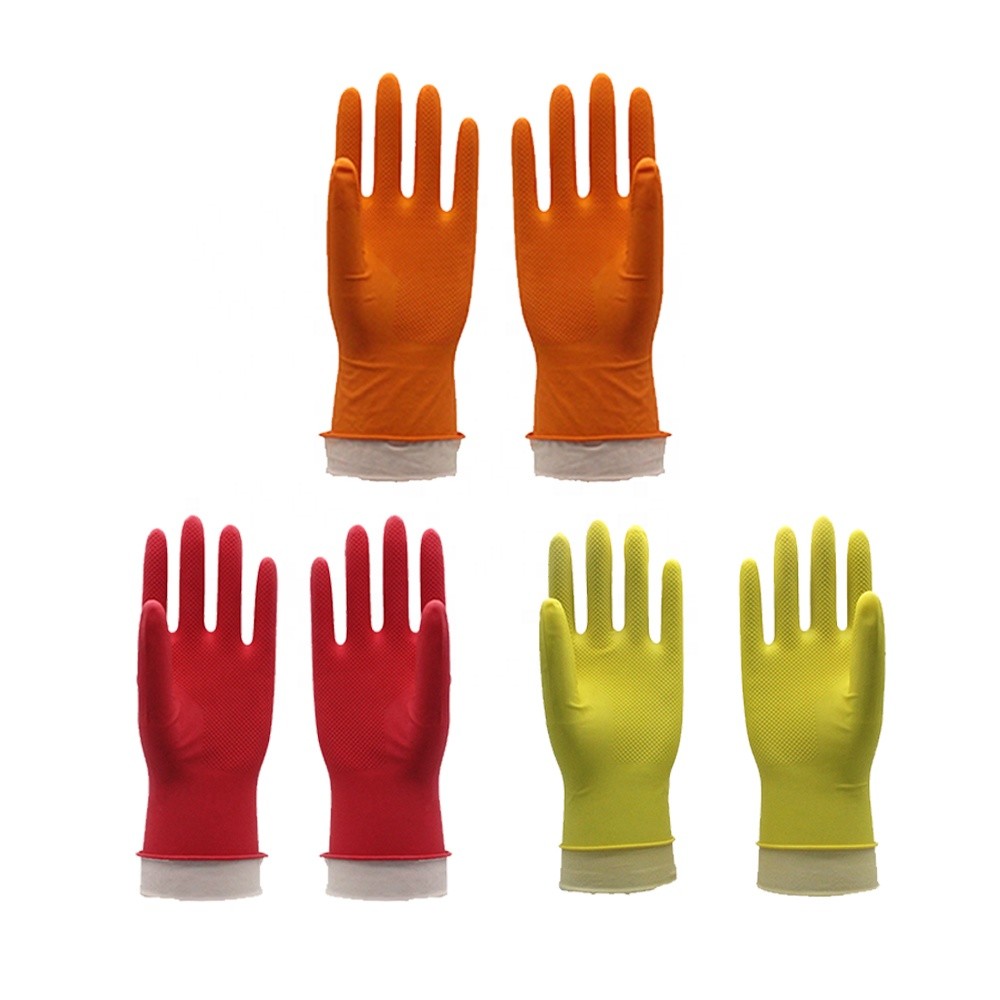 Yellow Color Latex Flock Lined Latex Gloves , Kitchen Dishwashing Gloves Anti Slip