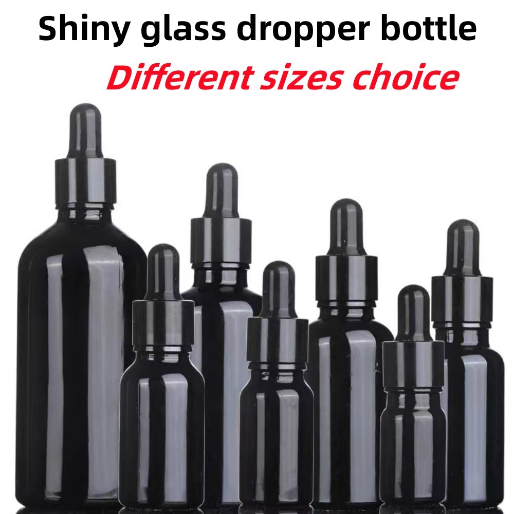 Hot Selling 5ml 15ml 20ml 30ml 50ml Essential Oil Shiny Black Glass Serum Dropper Bottle with Screw Cap Pipette