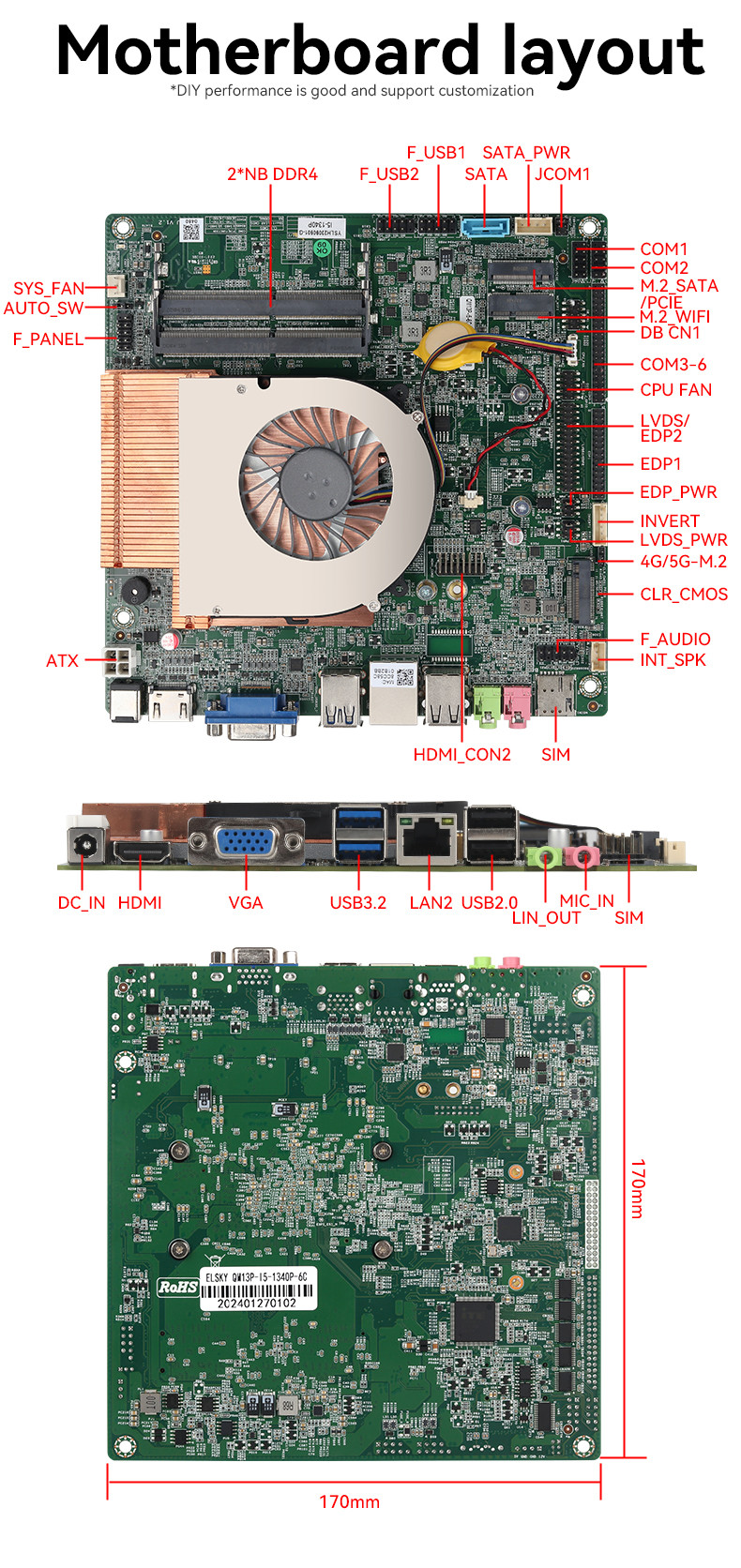 Raptor Lake Intel 13th Generation Motherboard i5-1340P DDR4 RAM Single LAN 6COM