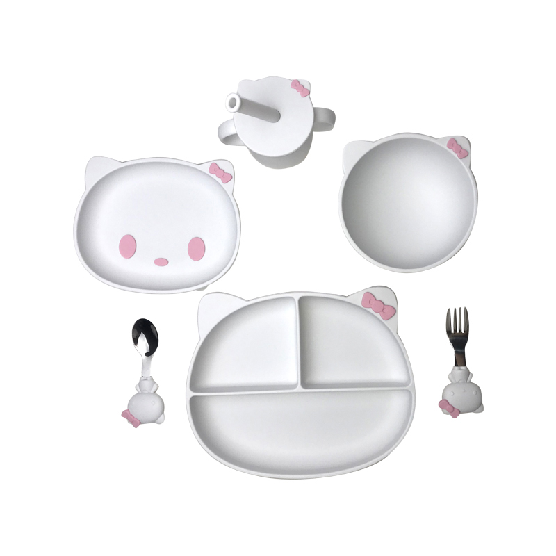 Customized Sizes Cartoon Kitten Shape Baby Silicone Feeding Set Bpa Free