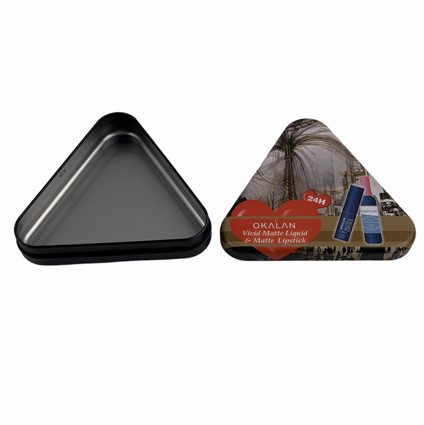 Triangle Metal Custom Tin Can Offset CMYK Printing Matte Finish Lipstick Tin