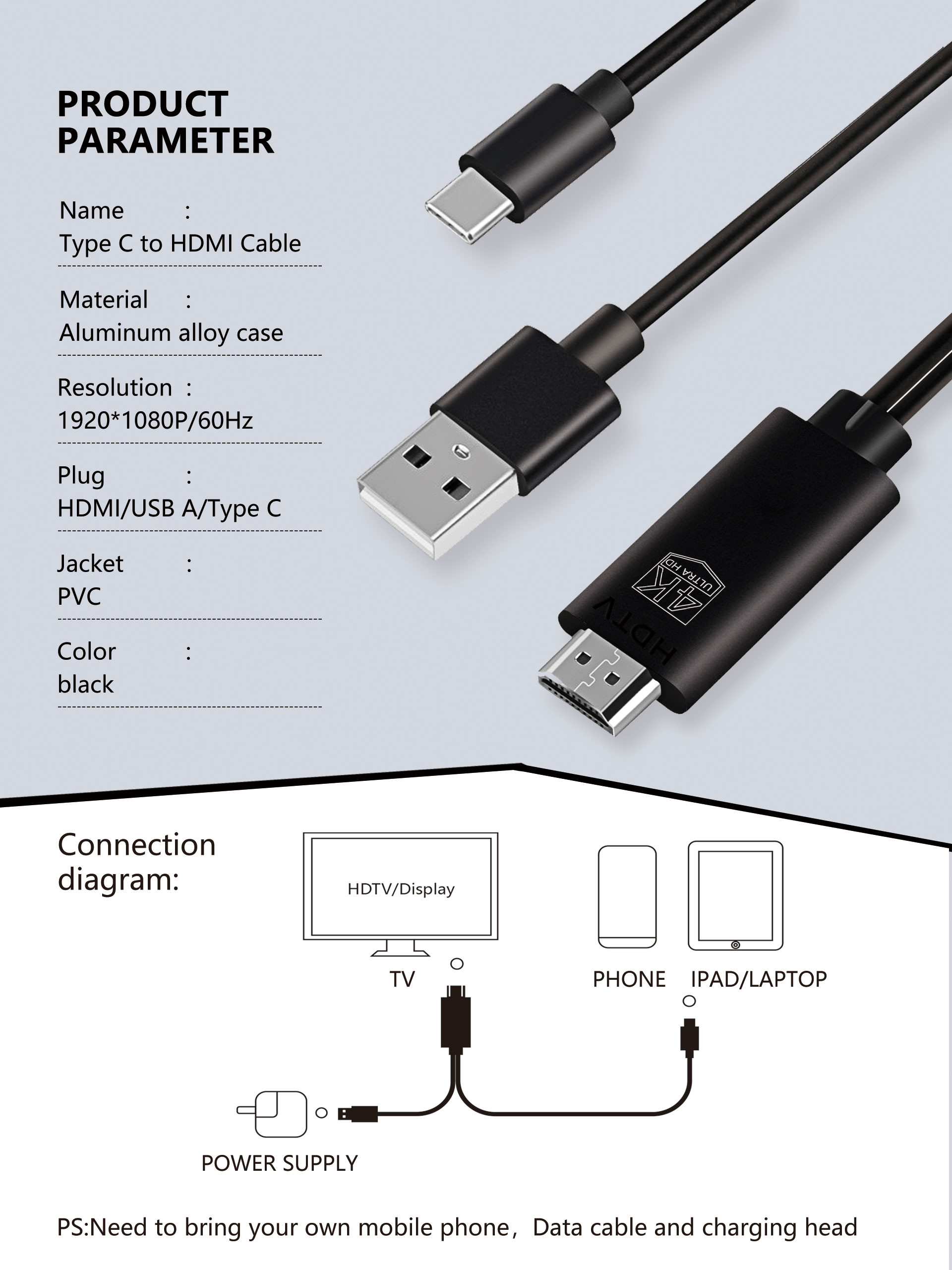4K 30Hz Type C To HDMI HDTV Cable For Laptop , Nickel Plated 10 Foot HDTV HDMI Cable