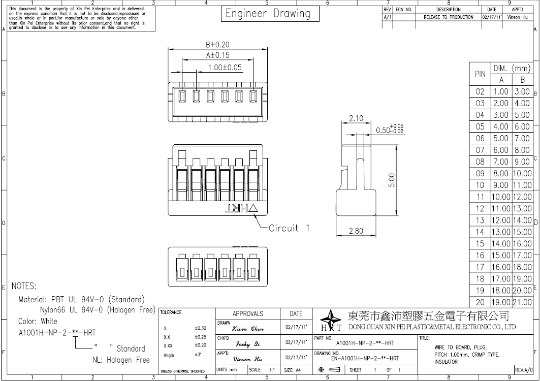 1.00mm pitch wire to board connector single dual row A1001series PBT or PA66 material for Laptop