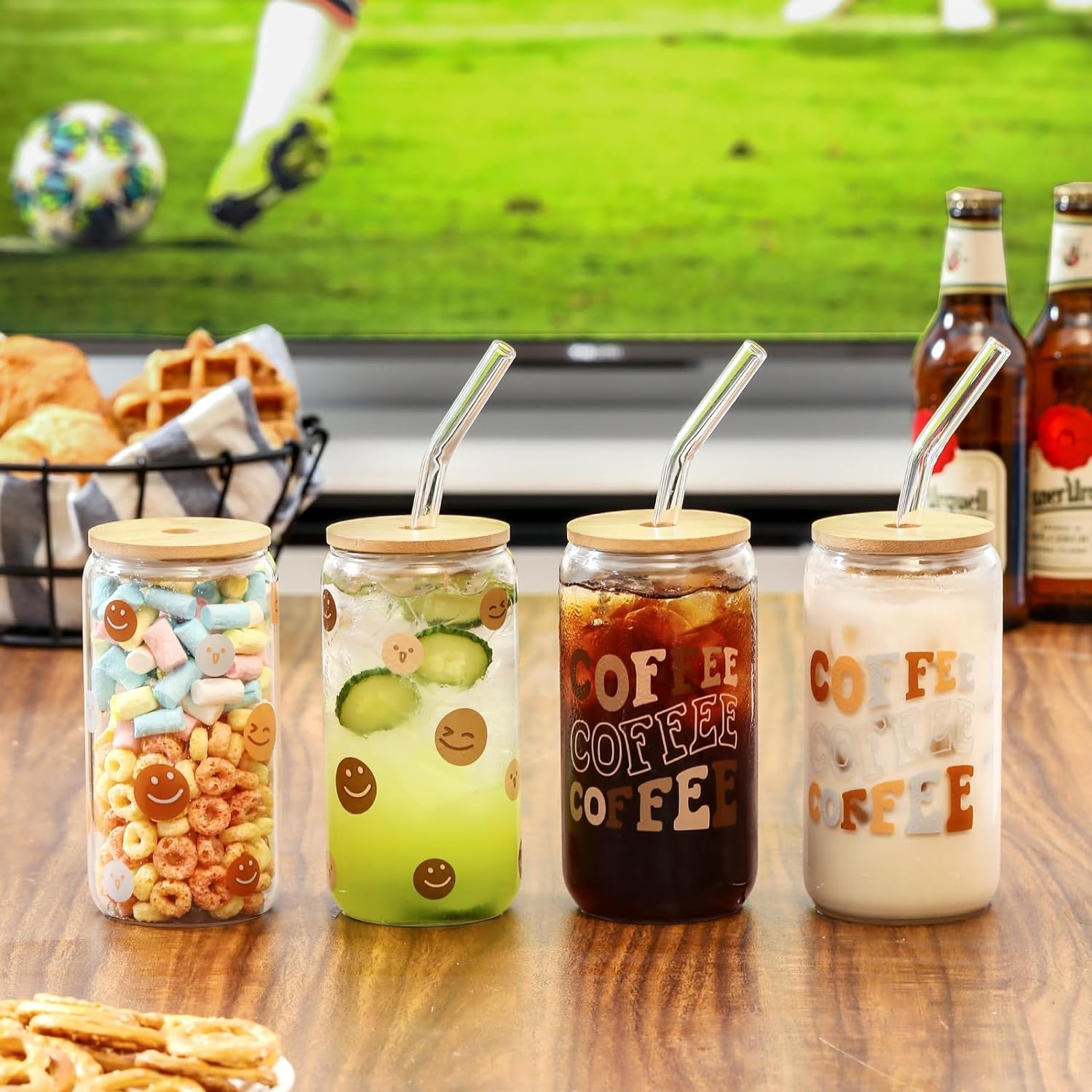 Drinking Glasses With Bamboo Lids And Glass Straw 16oz Glass Can Shaped Cup
