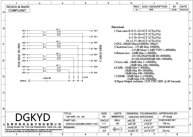 DGKYD1611Q002HWA10DB057(10G) 10G Network Filter 8P12C RJ45 Network Port Connector With Light