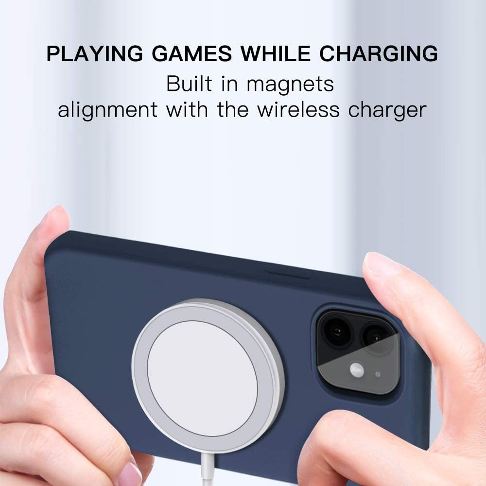 Full Protective Liquid Silicone iPhone 12 Case Built in Magnetic Ring (Supports MagSafe Wireless Charging) (Blue))