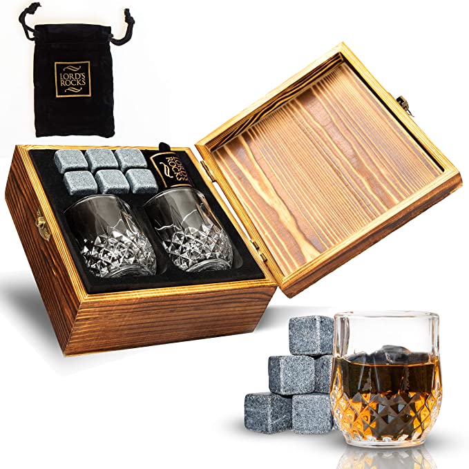 Wood Granite Cocktail Box Kit Crystal Whiskey Glasses And Stones