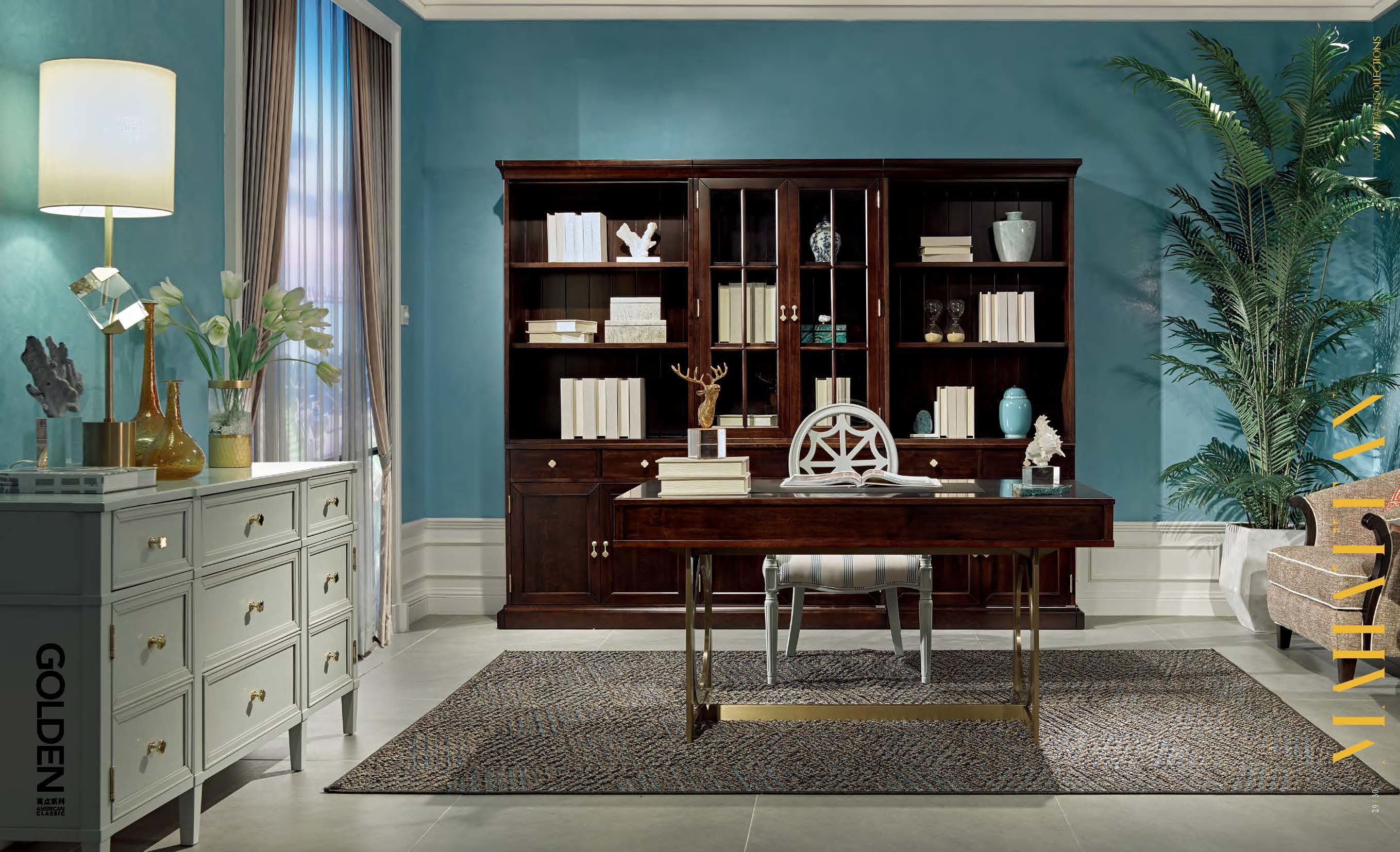 Leisure American style Study room furniture of Bookcase set with Cabinets and Office desk table