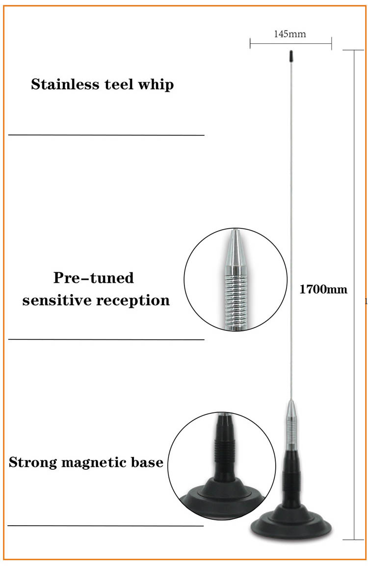 Linear Vertical 26~28MHz CB Car Radio Antenna 0-1dBi 1600mm Cable Length