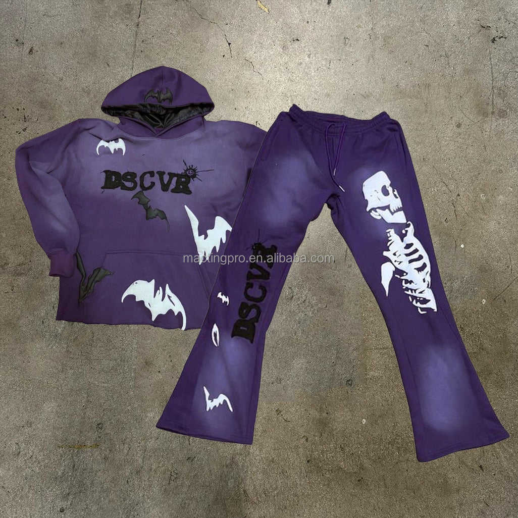 Custom Size Y2K Cut Raw Hem Hoodie and Sweatpants Set for Men's Streetwear in Cotton