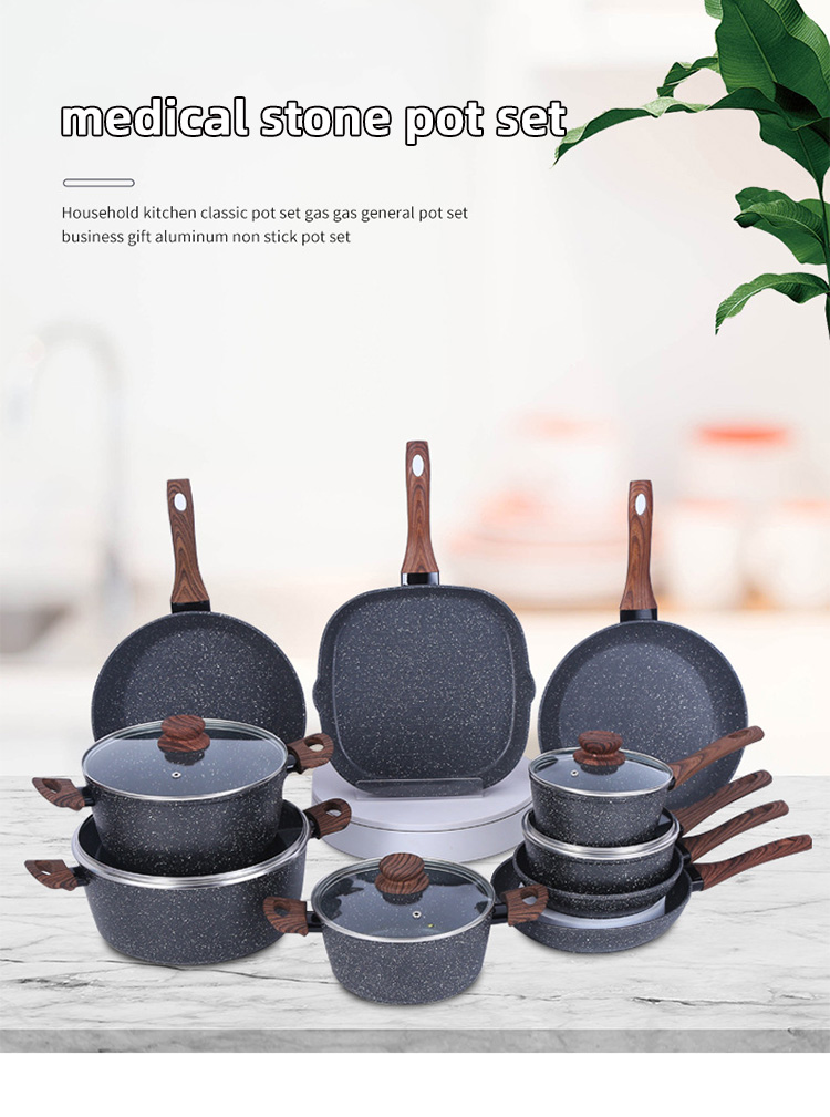 Various Models Kitchen Cookware Maifan Stone Aluminium Ollas Cooking Pot Sets With Thick Wooden Handle