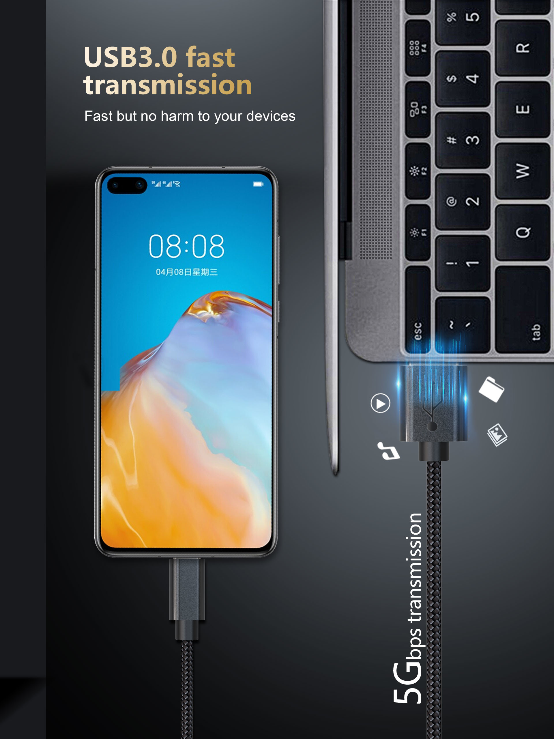 Black Kevlar Charging Cord , 5G 3Feet Usb 3.0 Fast Charging Cable