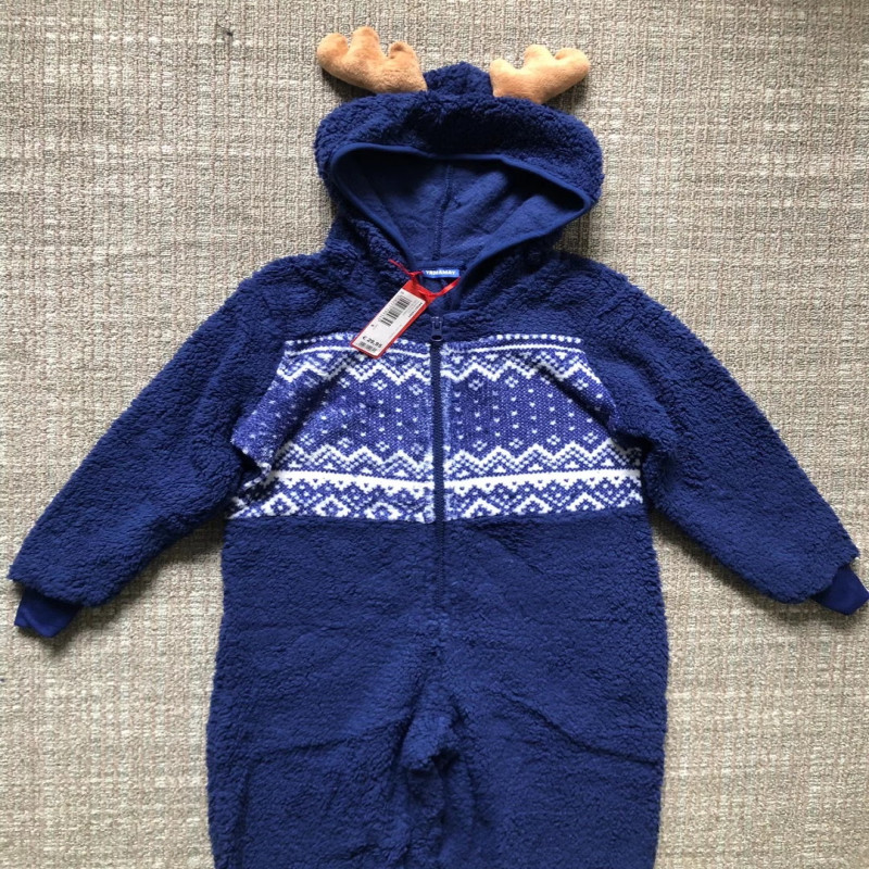 Cute Navy Baby Boy Fleece Romper 100% Polyester With Antler