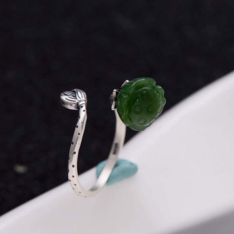 Sterling 925 Silver Sculptured Lotus Flower Natural Jade Gemstone Ring (060006)