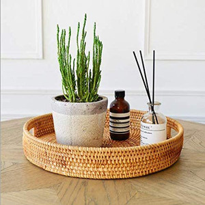 Multifunction Hand Woven Rattan Round Serving Tray Serving Basket With Cut
