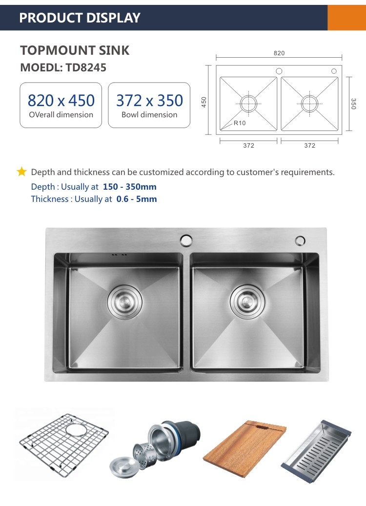 Topmount Stainless Steel Kitchen Sink 50 / 50 Double Bowl 18 Gauge 82x45