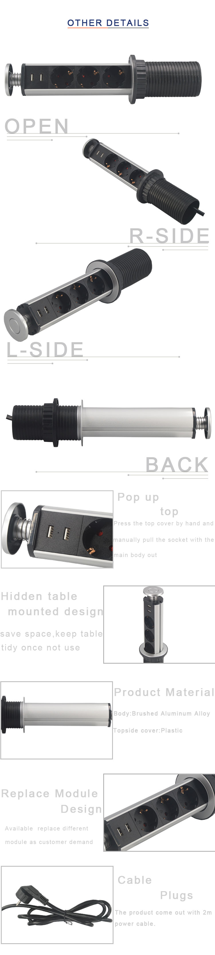 Aluminium EU power outlet multimedia pop up socket for kitchen