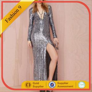 China New Designed Long Sleeve Sequined Maxi Dress with High Split on sale