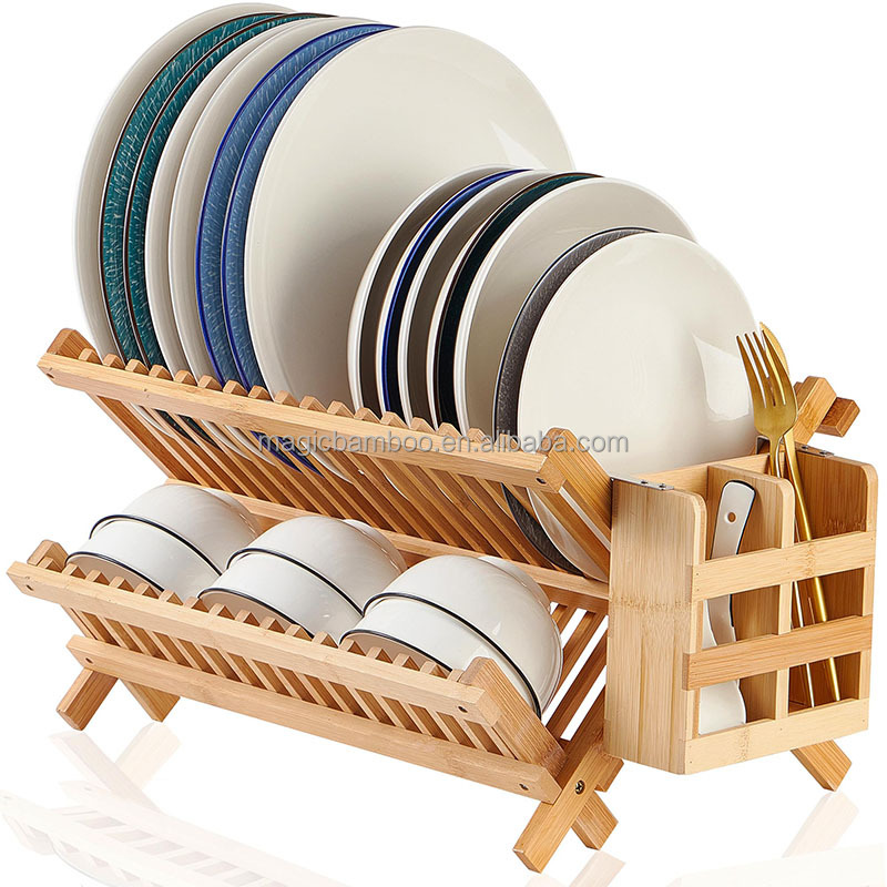 Collapsible 3 tier Bamboo Wooden Dish Drying Rack With Utensil Holder