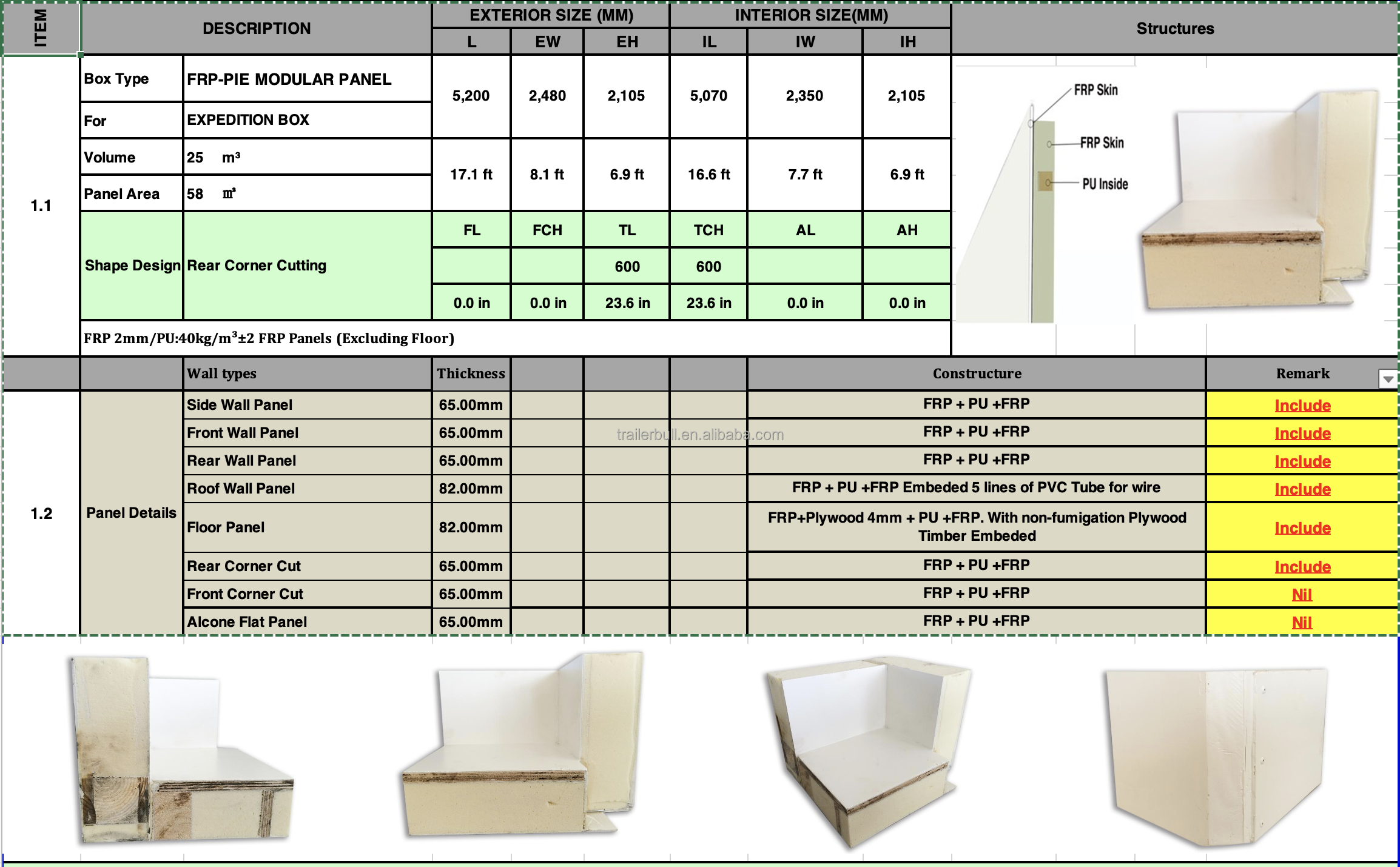 5200mm-17ft FRP-Pie Modular Sandwich Panels for 4x4 6x6 off-road truck Motorhome