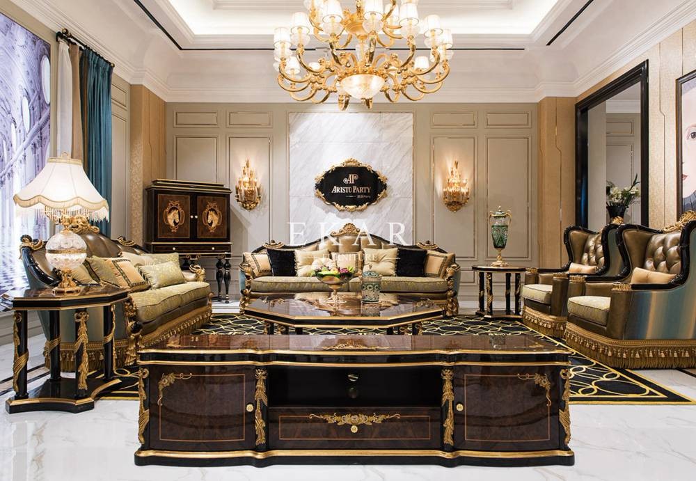 Gold Foil High Gloss Antique Wood Luxury Carving Home Furniture