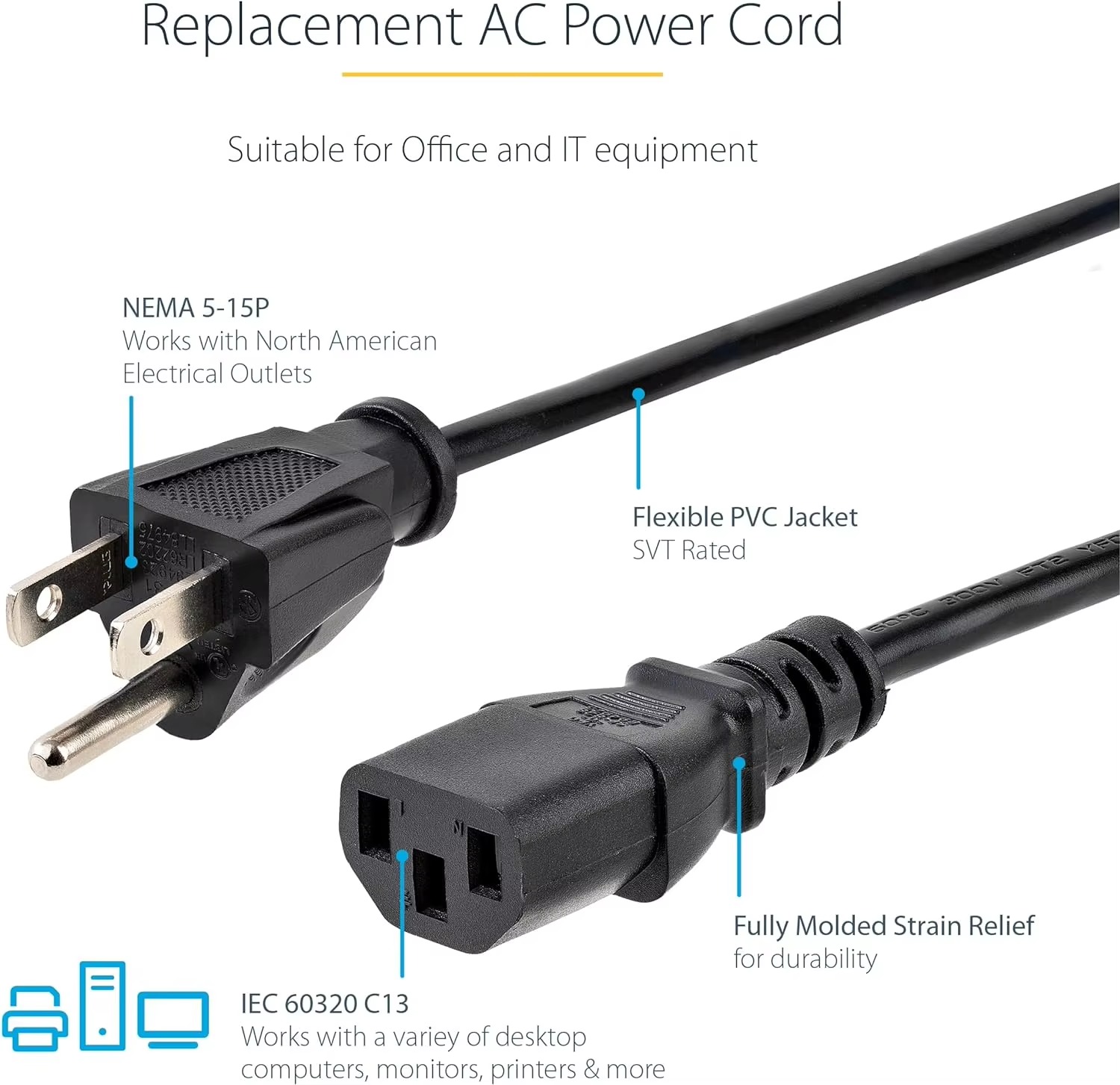 US Plug-C13 3 Pin Prong Plug Cable USA AC Cords Electric
