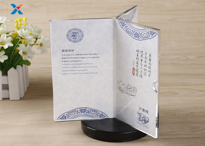 Six Sided Rotatable Acrylic Sign Holders Leaflet Display Stand With Round Base