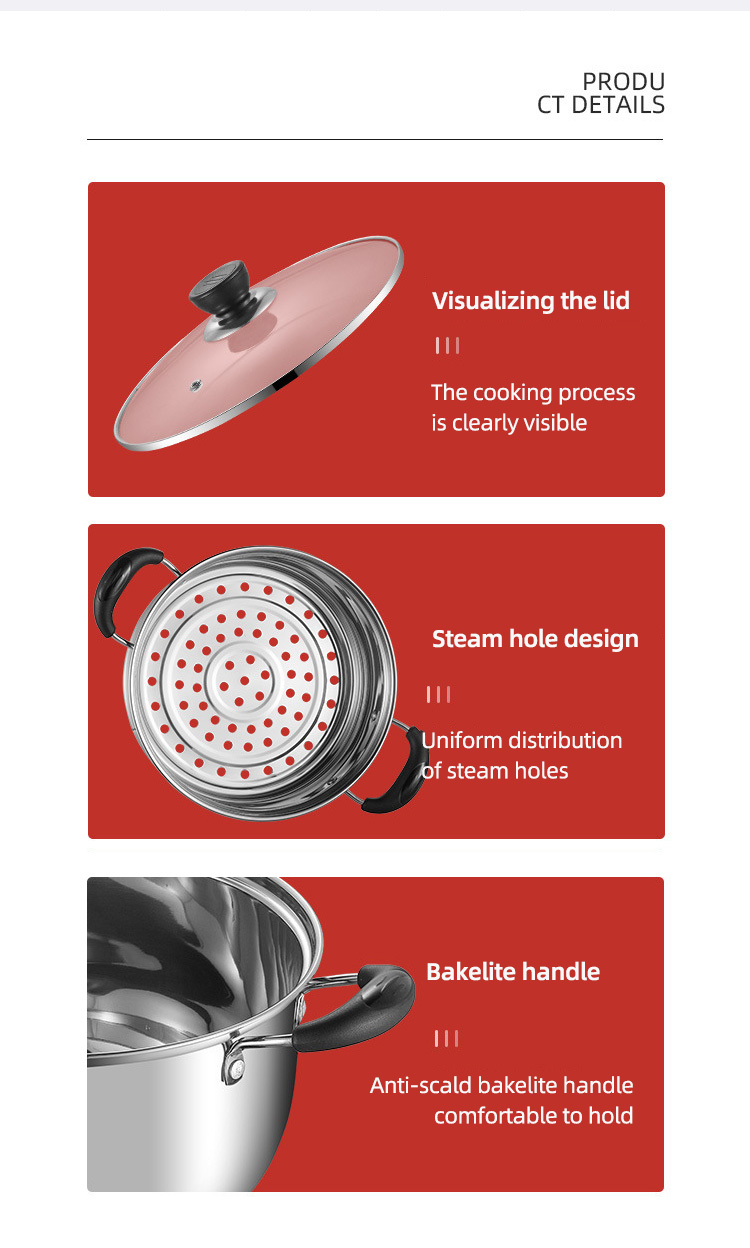 Factory Direct Sale Silver Kitchen Cookware Cooking Soup Stainless Steel 201 Steamer Pot With Glass Lid