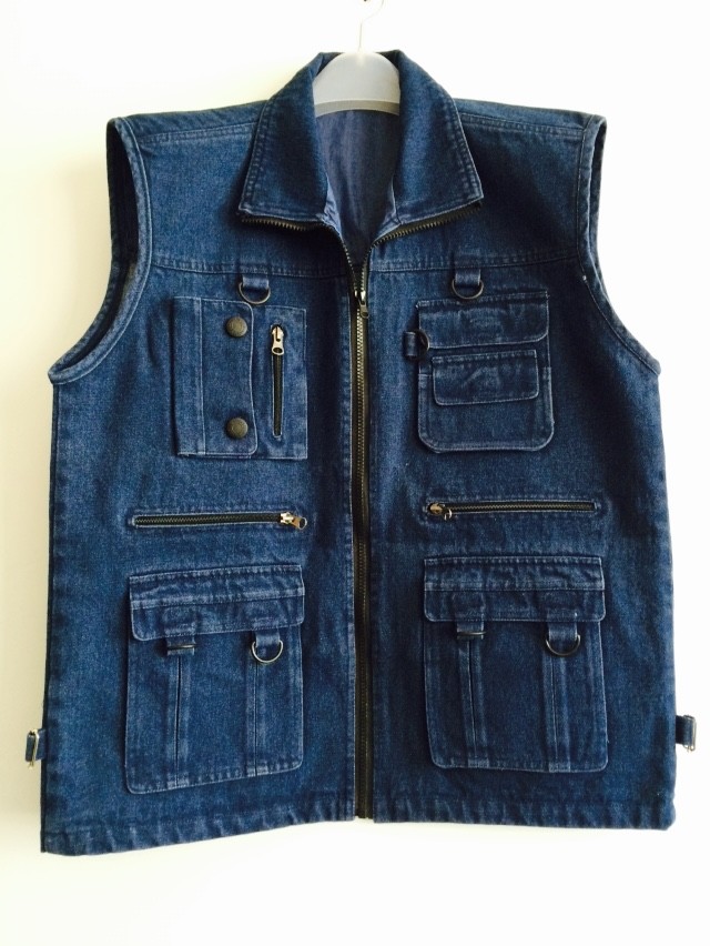 mens vest in 100% cotton, denim, jean, black, fishing vest, S-3XL