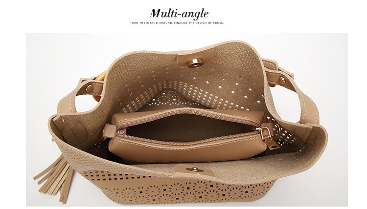 Hollow Out Beige Faux Leather PU Bucket Barrel Purse Leather