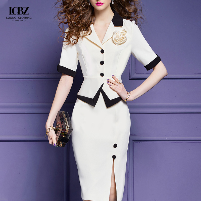 Women's Long Vintage Black and White Two-Piece Skirt Pant Coat Suit for Formal Office