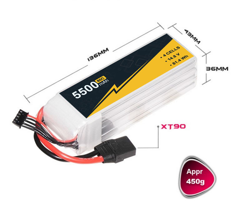 5500mAh 14.8V 4s1P 80C FPV Lipo Battery Rechargeable Light Weight