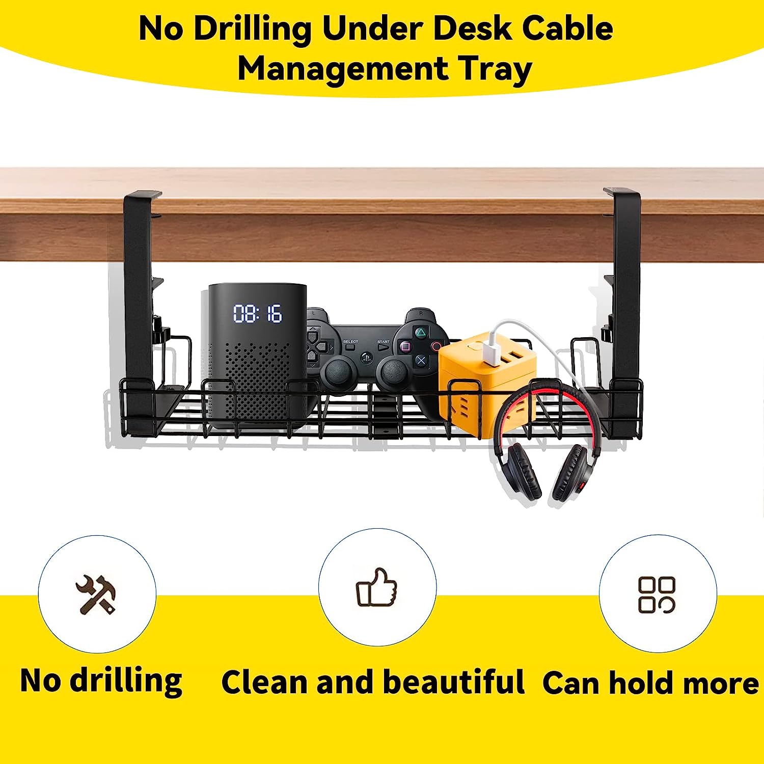 Sturdy Carbon Steel Wire Organizer Tray for No Drilling Under Desk Cable Management