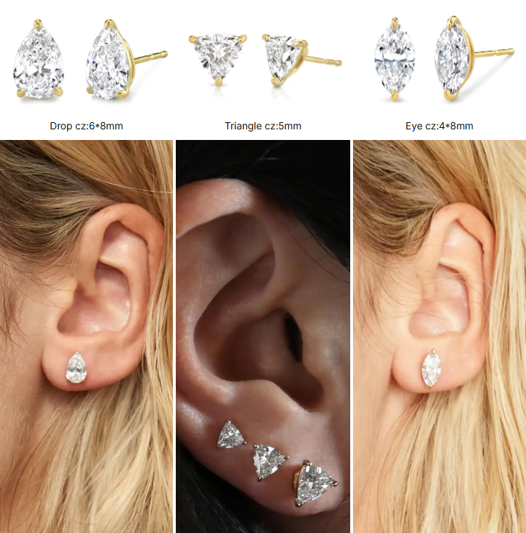 Minimalist Gold Plated 925 Silver Diamond Stud Earring 925 Shiny Silver Heart Stud Earrings