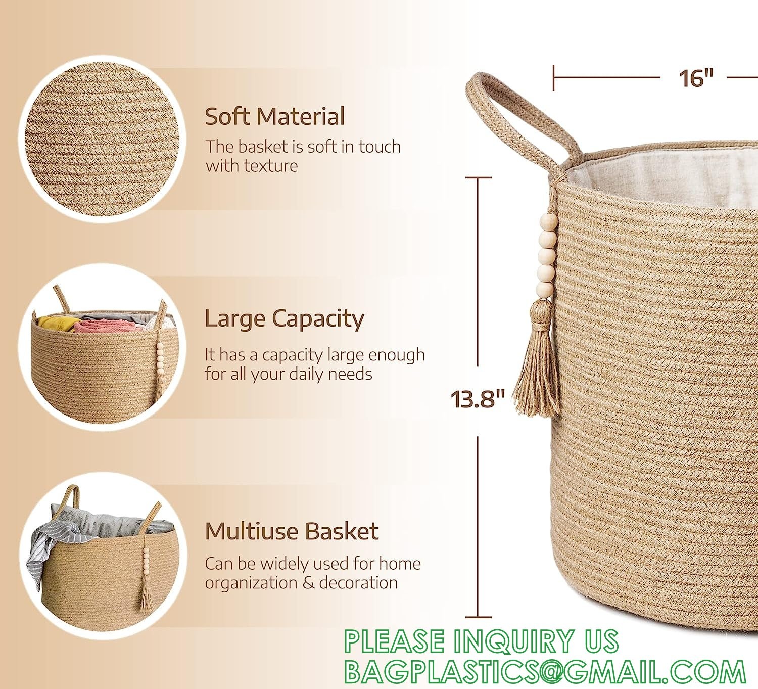 storage Basket Decorative Rope Basket Wooden Bead Decoration For Blankets,Toys,Clothes,Shoes,Plant Organizer Bin