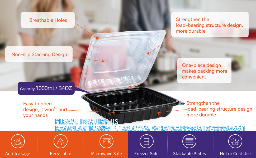 To Go Containers, Anti-Fog Shrink Wrap 25 Pack 34 Oz 8 Inch Meal Prep Container Microwave Freezer Safe Hinged