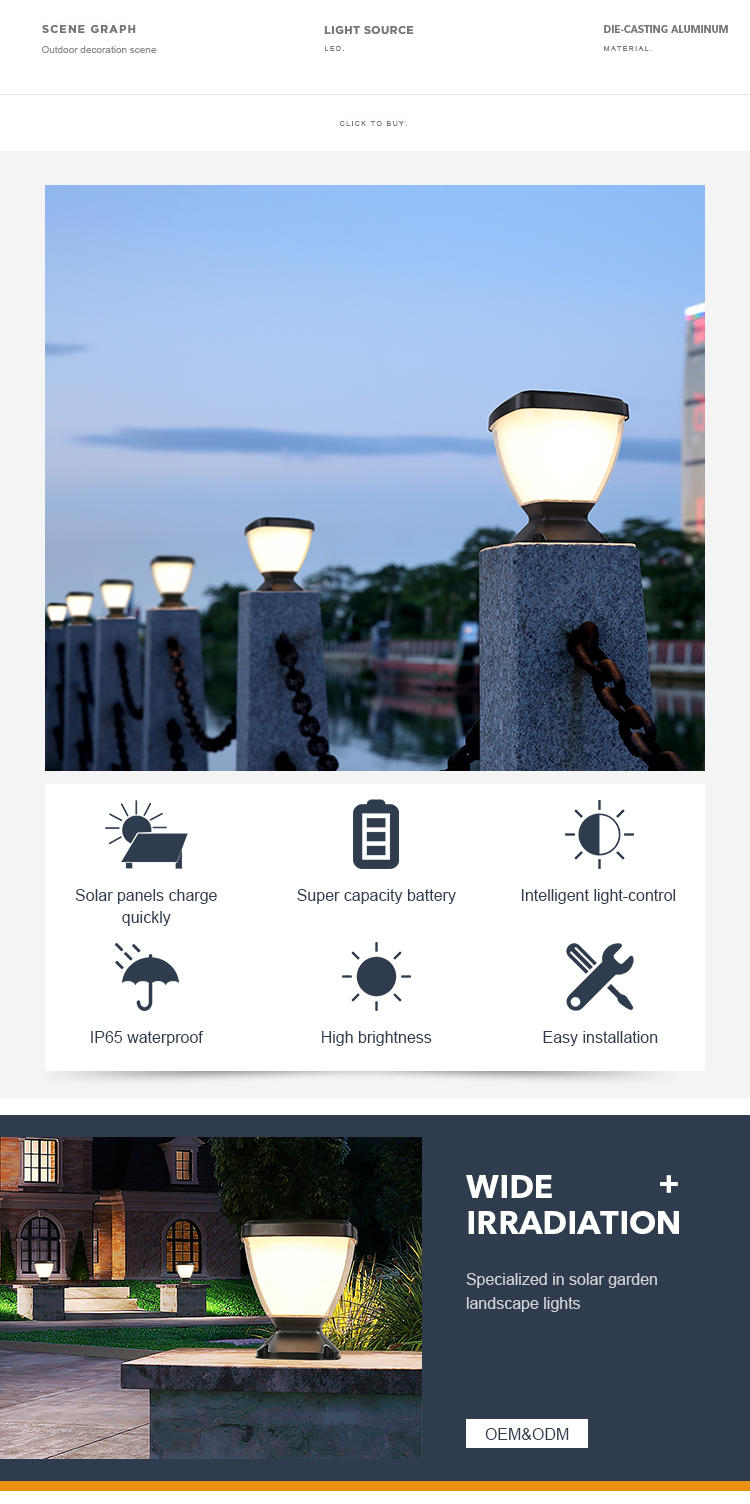 3000K 6500K Light Control Solar Pillar Lighting Solar lantern lamp for Landscape Decorative