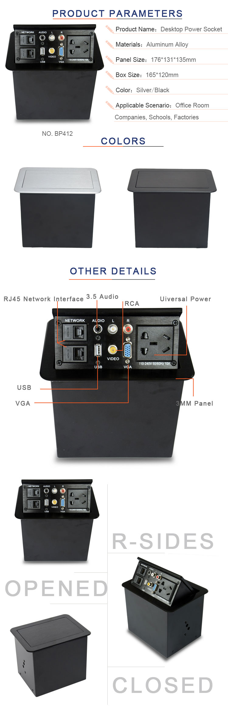 Aluminum Brushed Desk Multiple Socket with RJ45 For Meeting Table